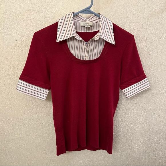 LOFT Red Sweater with Striped Collar - Picture 1 of 4